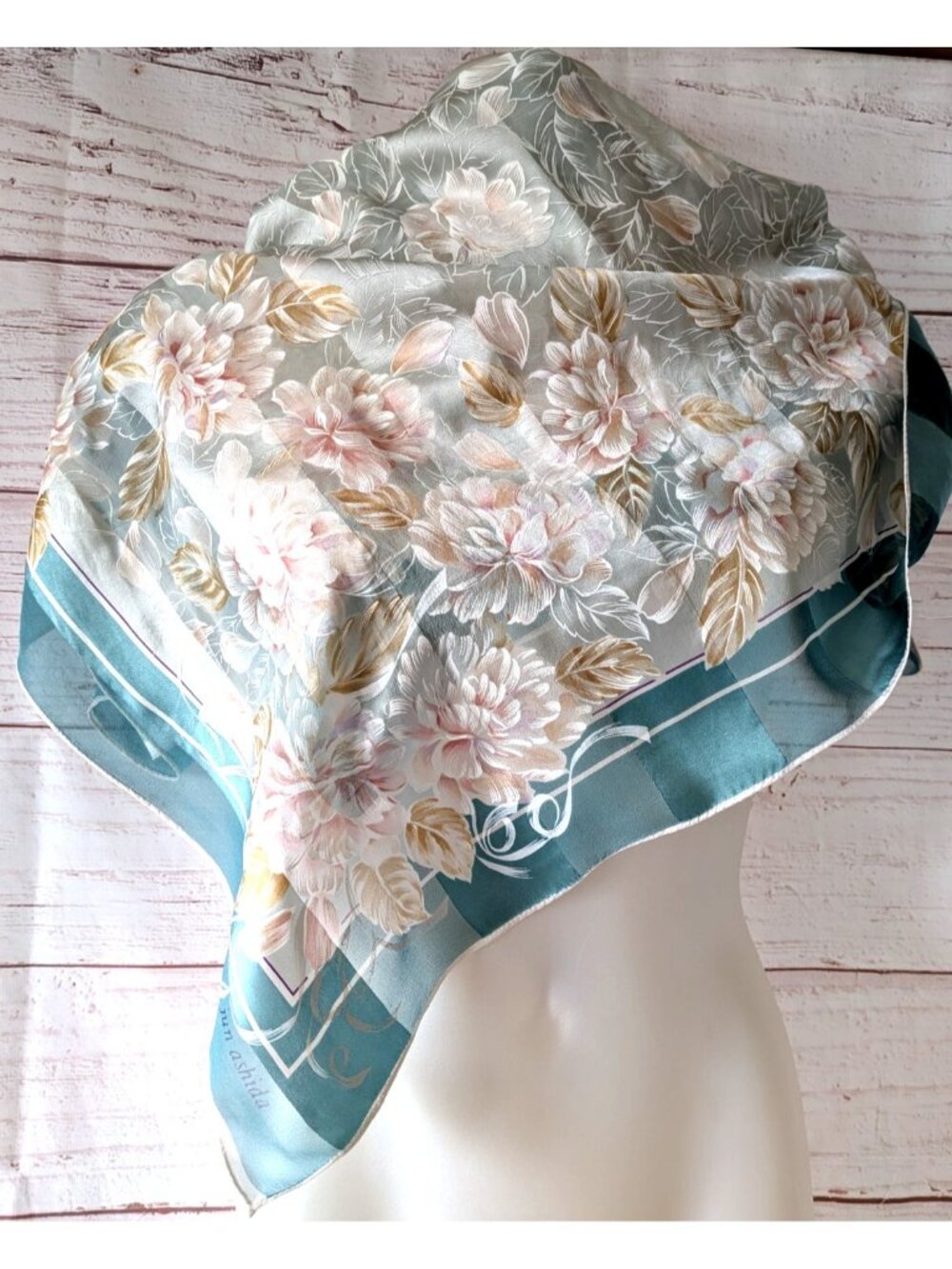 Jun Ashida 100% Silk Rectangle Scarf Turquoise Blue Floral Hand Rolled 31" Japan